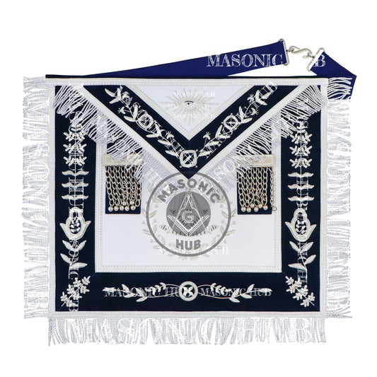 Masonic Past Master Apron – Hand-Embroidered Lambskin & Navy Blue Velvet with Silver Bullion Trim