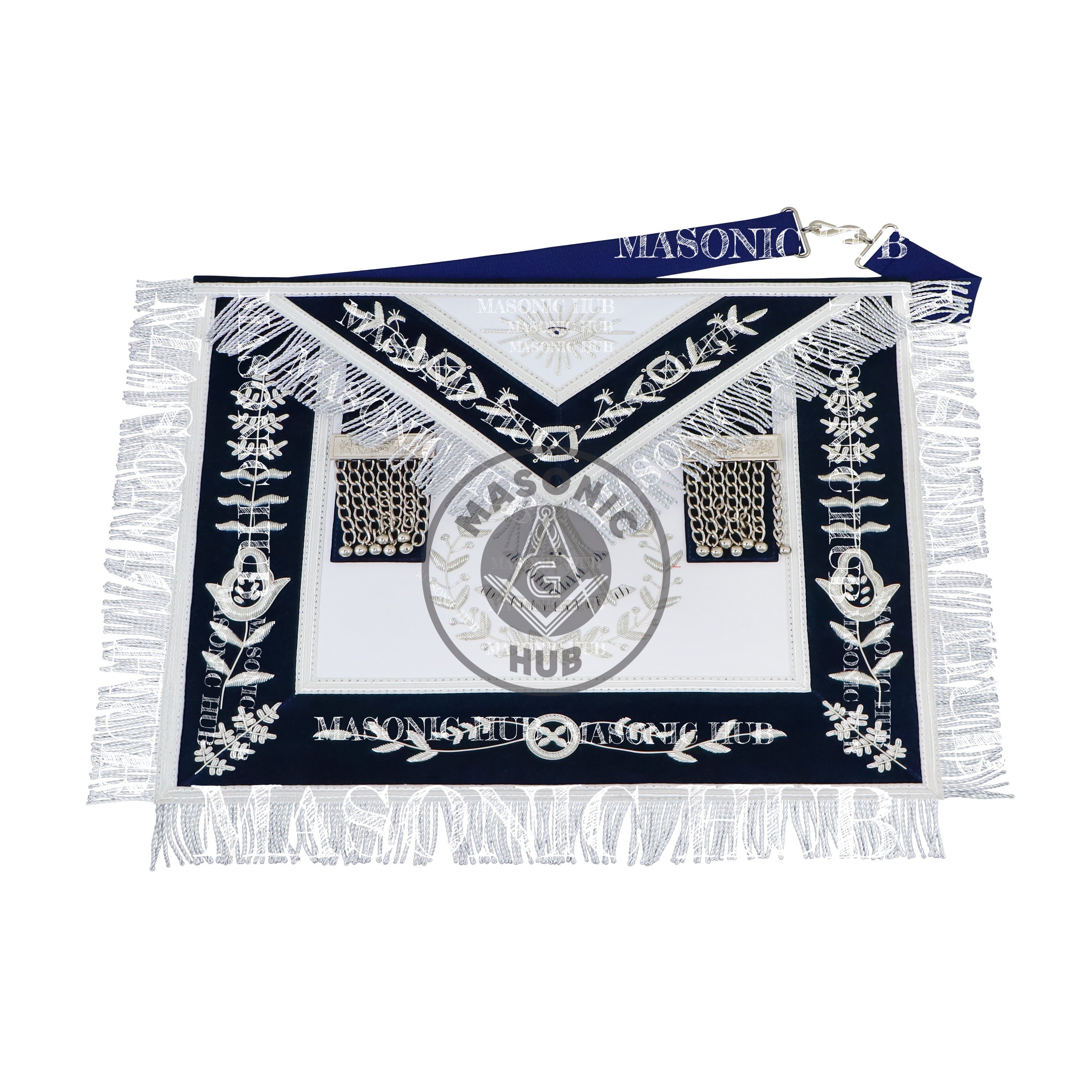 Masonic Past Master Apron – Hand-Embroidered Lambskin & Navy Blue Velvet with Silver Bullion Trim Masonic Hub