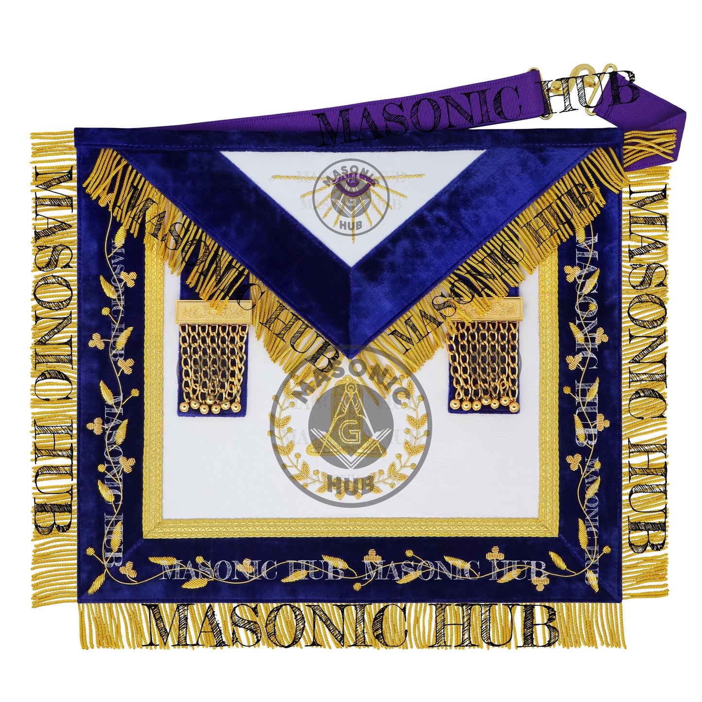 Grand Lodge Officer Aprons Set of 12 – Freemason Lambskin Regalia with Gold Bullion Hand Embroidery, Chain Collars, Jewels & Cuffs