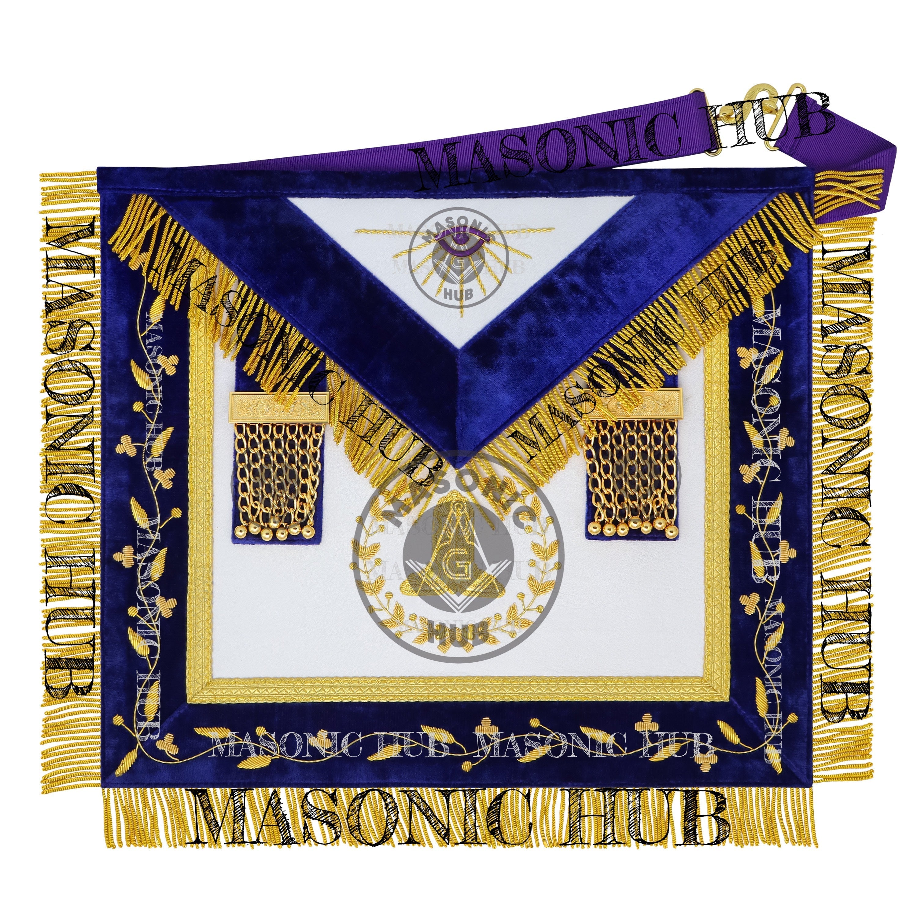Grand Lodge Officer Aprons Set of 12 – Freemason Lambskin Regalia with Gold Bullion Hand Embroidery, Chain Collars, Jewels & Cuffs Masonic Hub