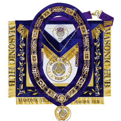 Masonic Grand Lodge Senior Warden Regalia Set – Hand Embroidered Lambskin Apron, Collar, Jewel & Cuffs – Gold Bullion Finish