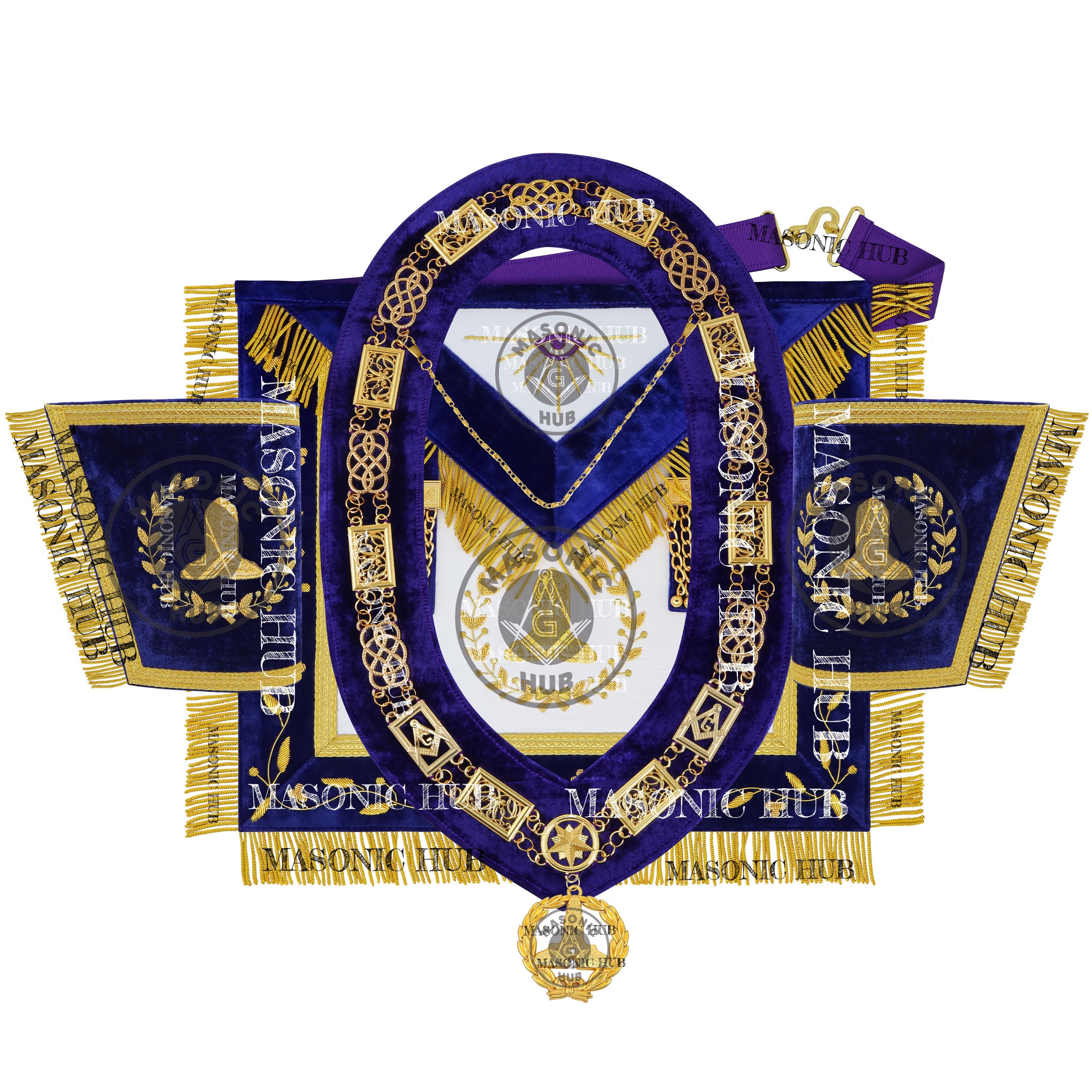 Masonic Grand Lodge Senior Warden Regalia Set – Hand Embroidered Lambskin Apron, Collar, Jewel & Cuffs – Gold Bullion Finish