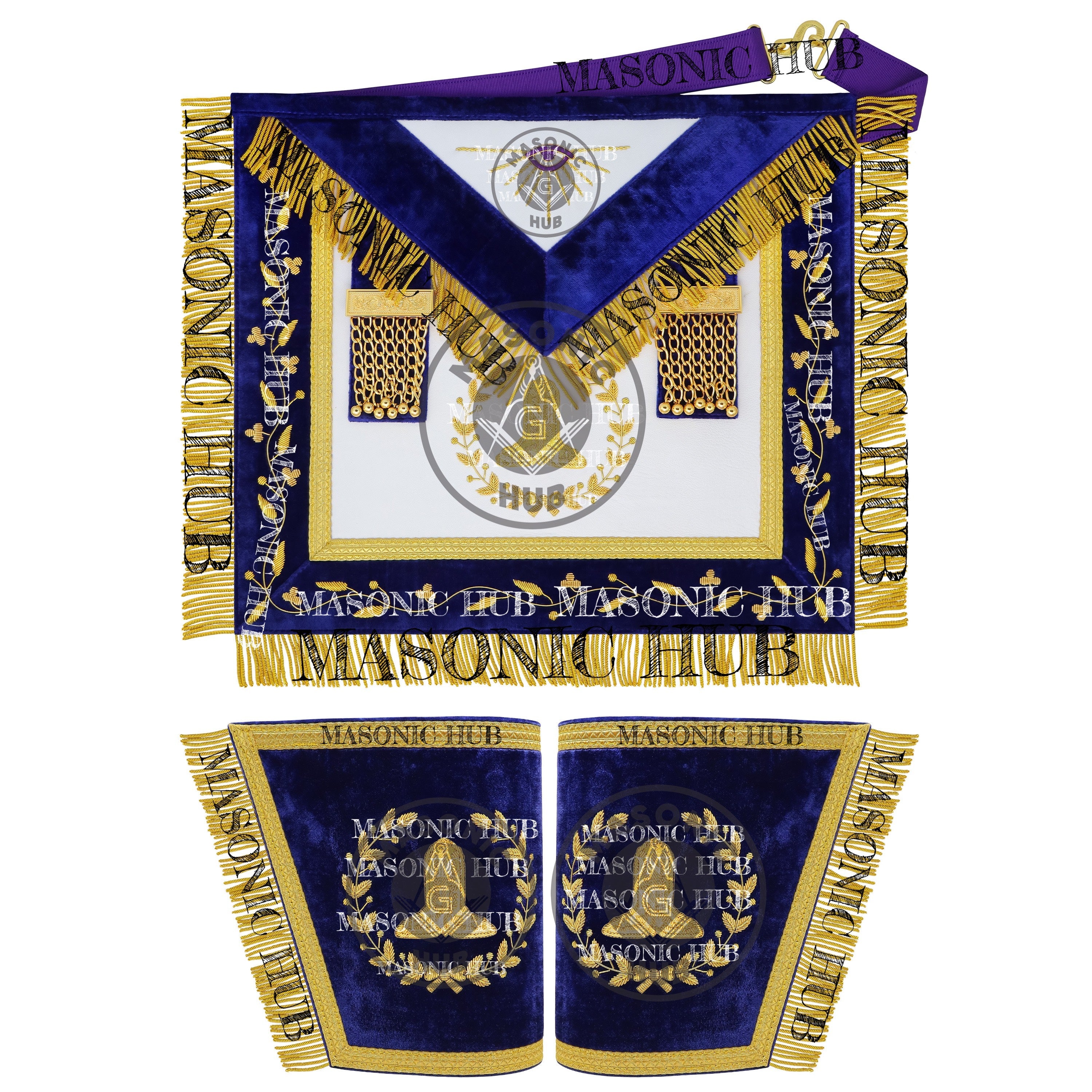Masonic Grand Lodge Senior Warden Regalia Set – Hand Embroidered Lambskin Apron, Collar, Jewel & Cuffs – Gold Bullion Finish Masonic Hub