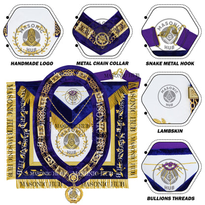 Masonic Grand Lodge Senior Warden Regalia Set – Hand Embroidered Lambskin Apron, Collar, Jewel & Cuffs – Gold Bullion Finish