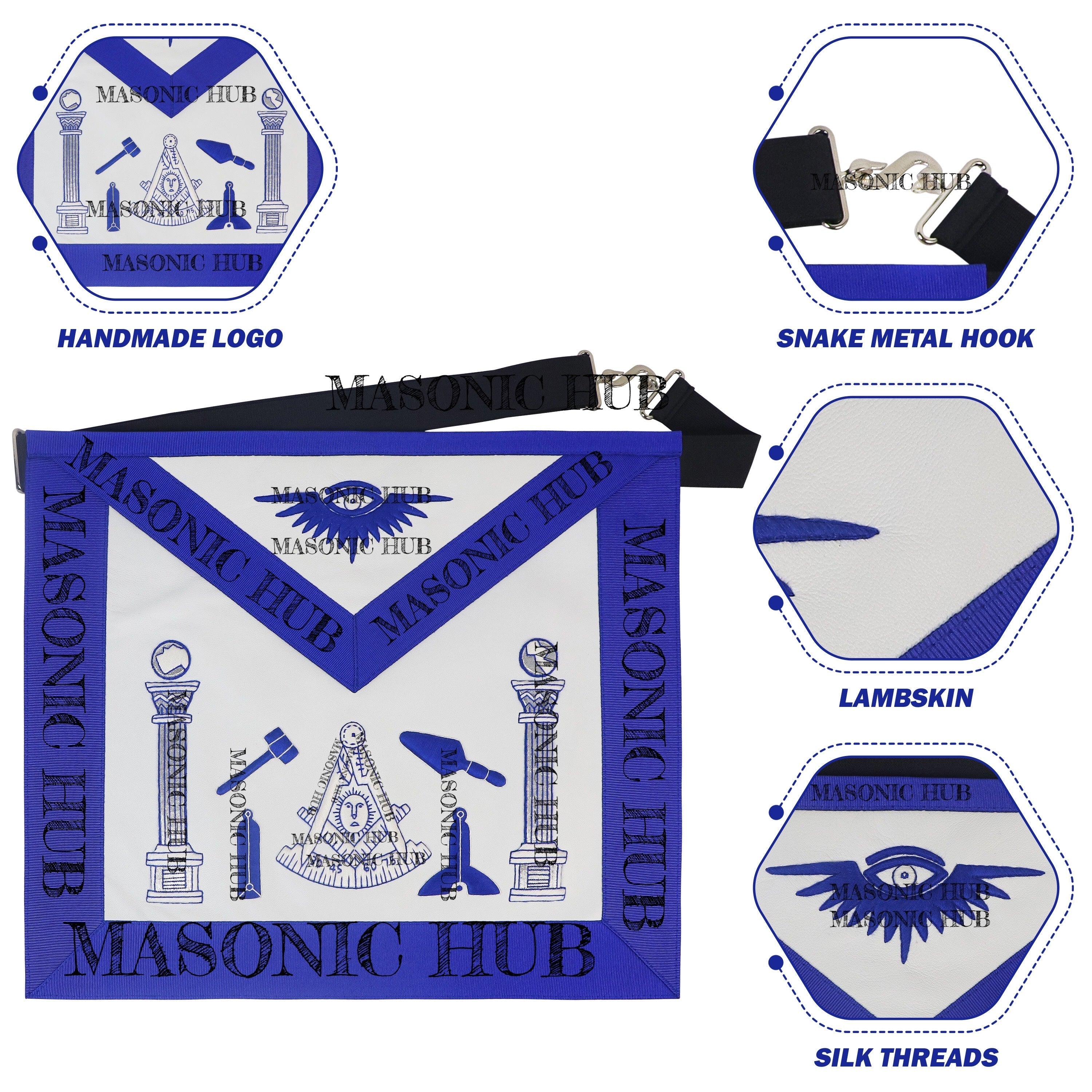 Masonic Past Master Working Tools Apron - Lambskin & Silk Threads - Hand Embroidered My Store