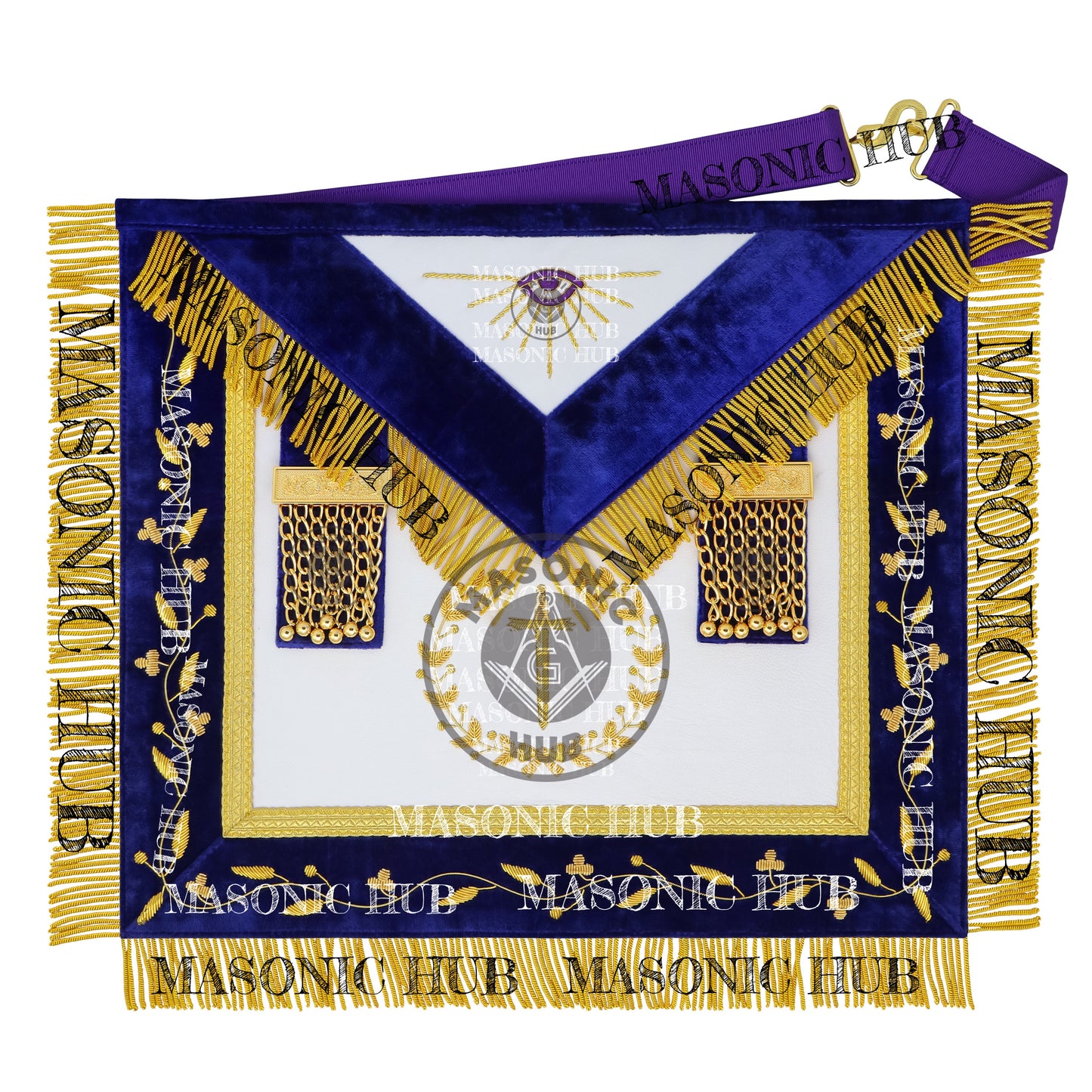 Grand Lodge Officer Aprons Set of 12 – Freemason Lambskin Regalia with Gold Bullion Hand Embroidery, Chain Collars, Jewels & Cuffs