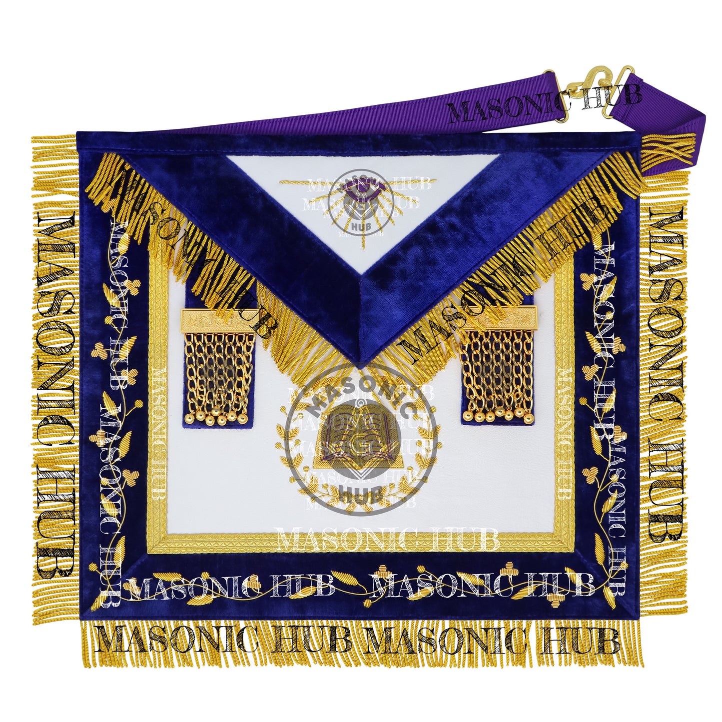 Grand Lodge Officer Aprons Set of 12 – Freemason Lambskin Regalia with Gold Bullion Hand Embroidery, Chain Collars, Jewels & Cuffs