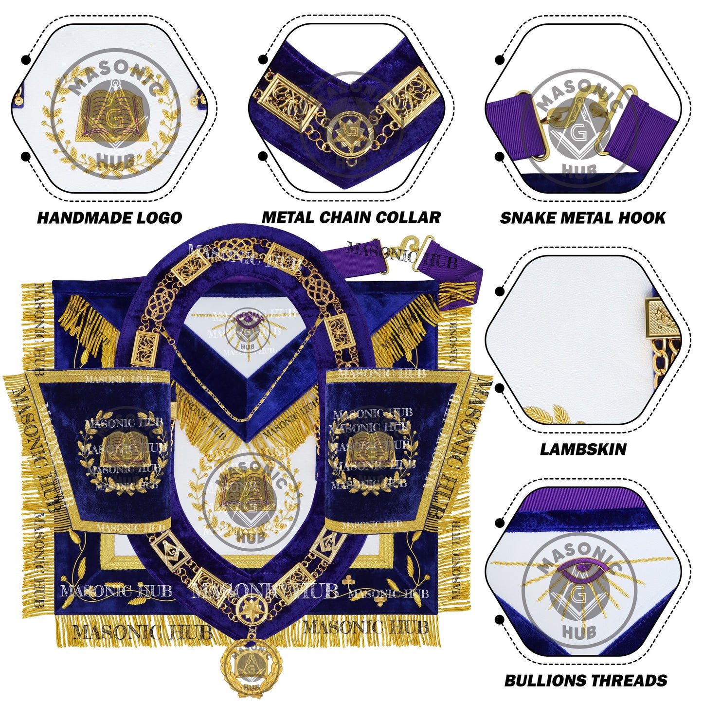 Masonic Grand Lodge Chaplain Regalia Set – Hand Embroidered Lambskin Apron, Collar, Jewel & Cuffs – Gold Bullion Finish
