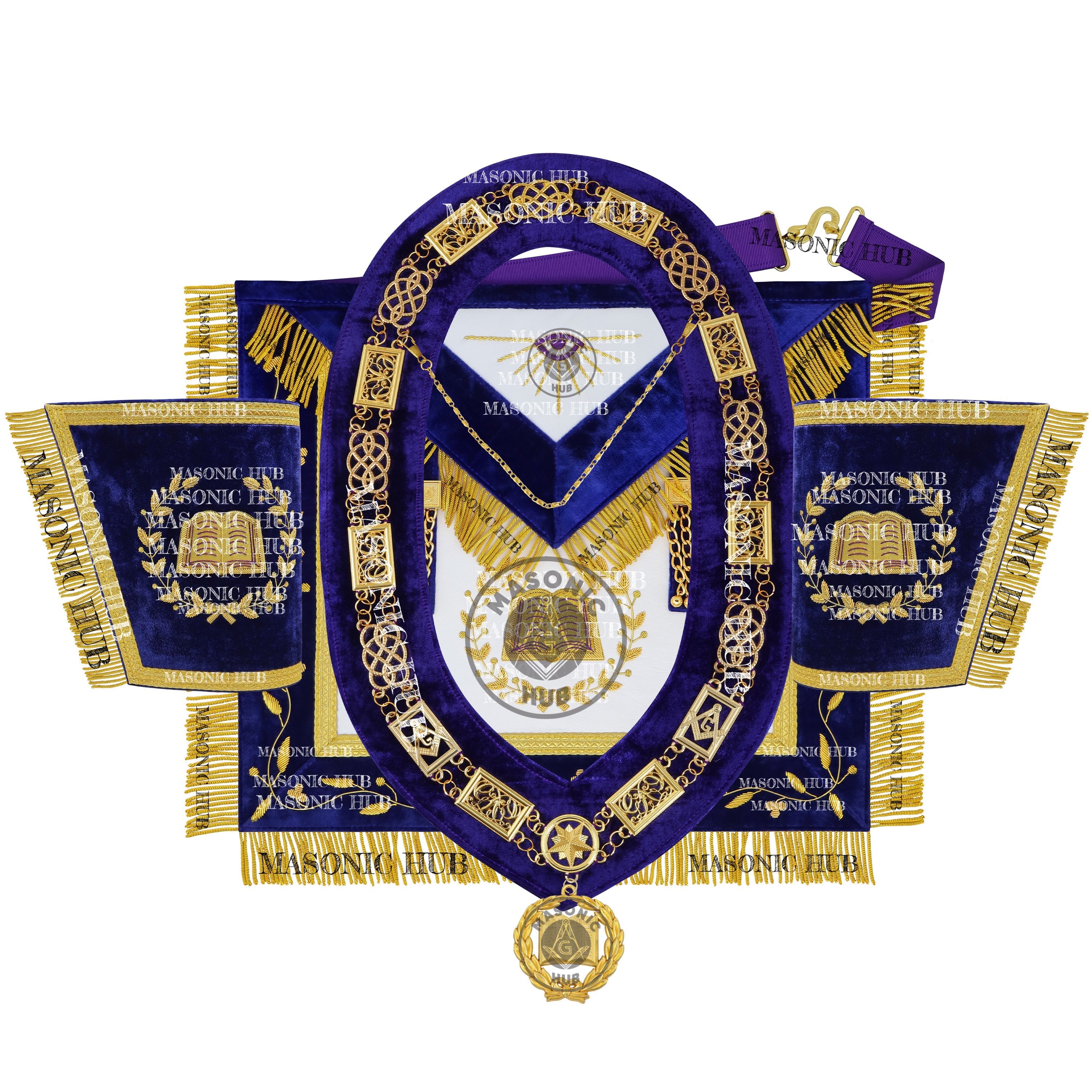 Masonic Grand Lodge Chaplain Regalia Set – Hand Embroidered Lambskin Apron, Collar, Jewel & Cuffs – Gold Bullion Finish Masonic Hub
