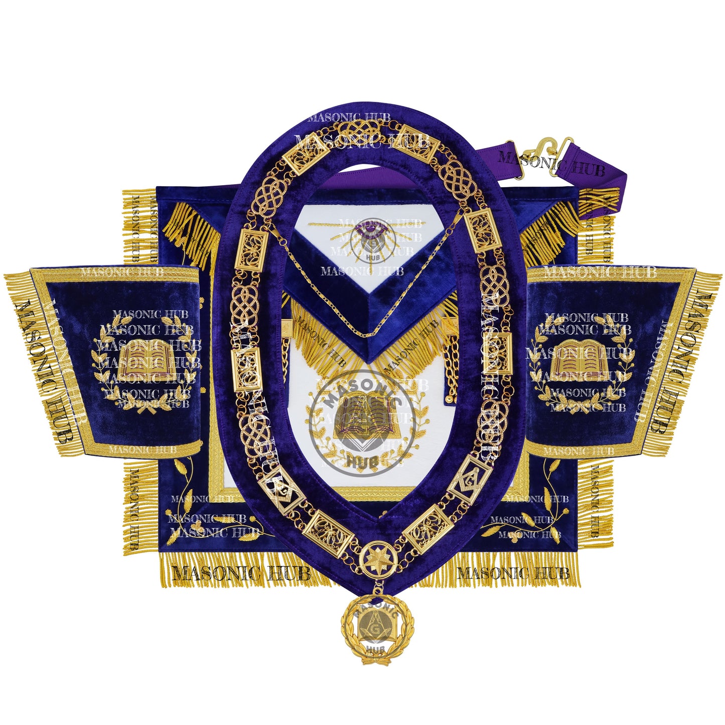 Masonic Grand Lodge Chaplain Regalia Set – Hand Embroidered Lambskin Apron, Collar, Jewel & Cuffs – Gold Bullion Finish