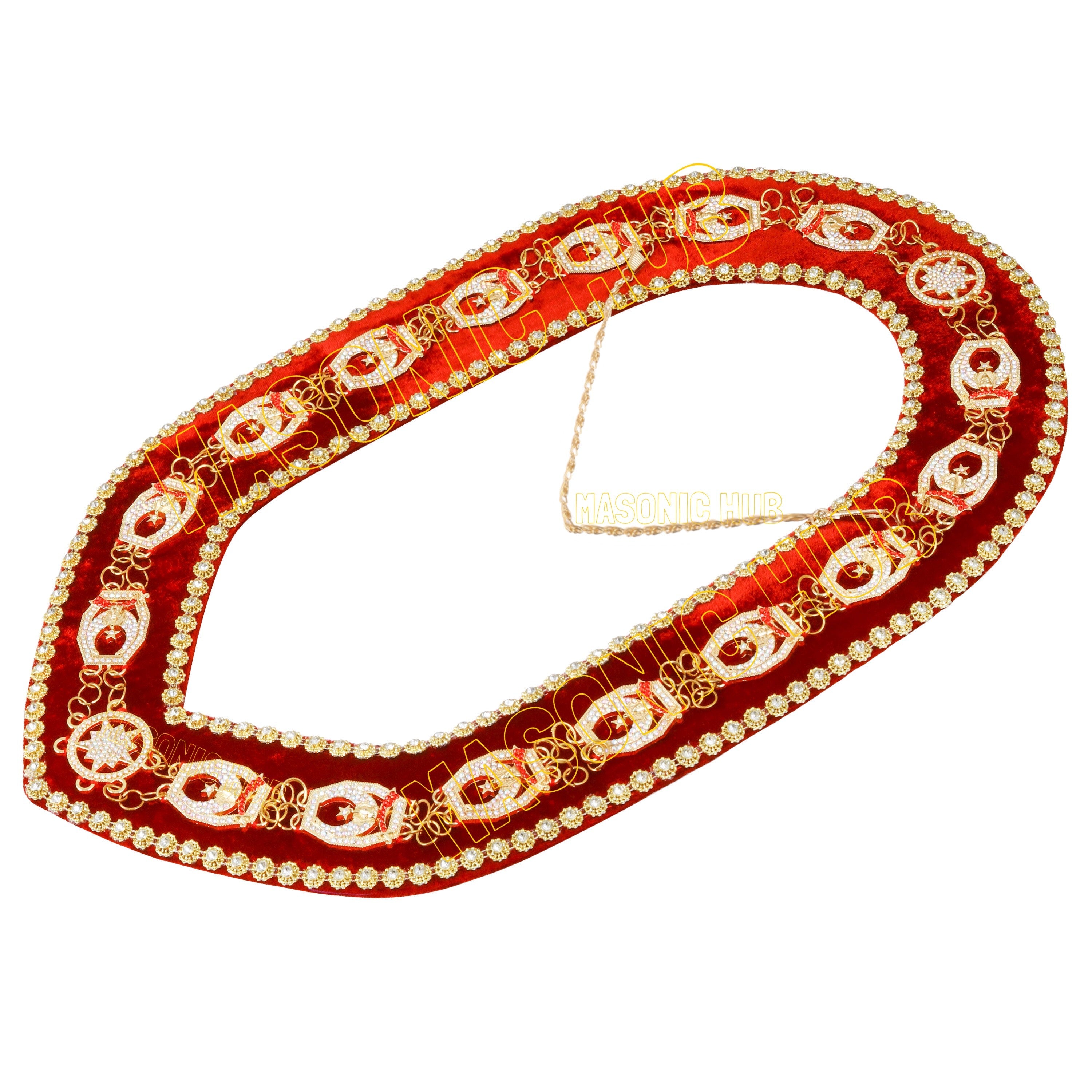 Masonic Regalia Rhinestones Jewels Shriner Chain Collar With Red Backing Velvet Masonic Hub