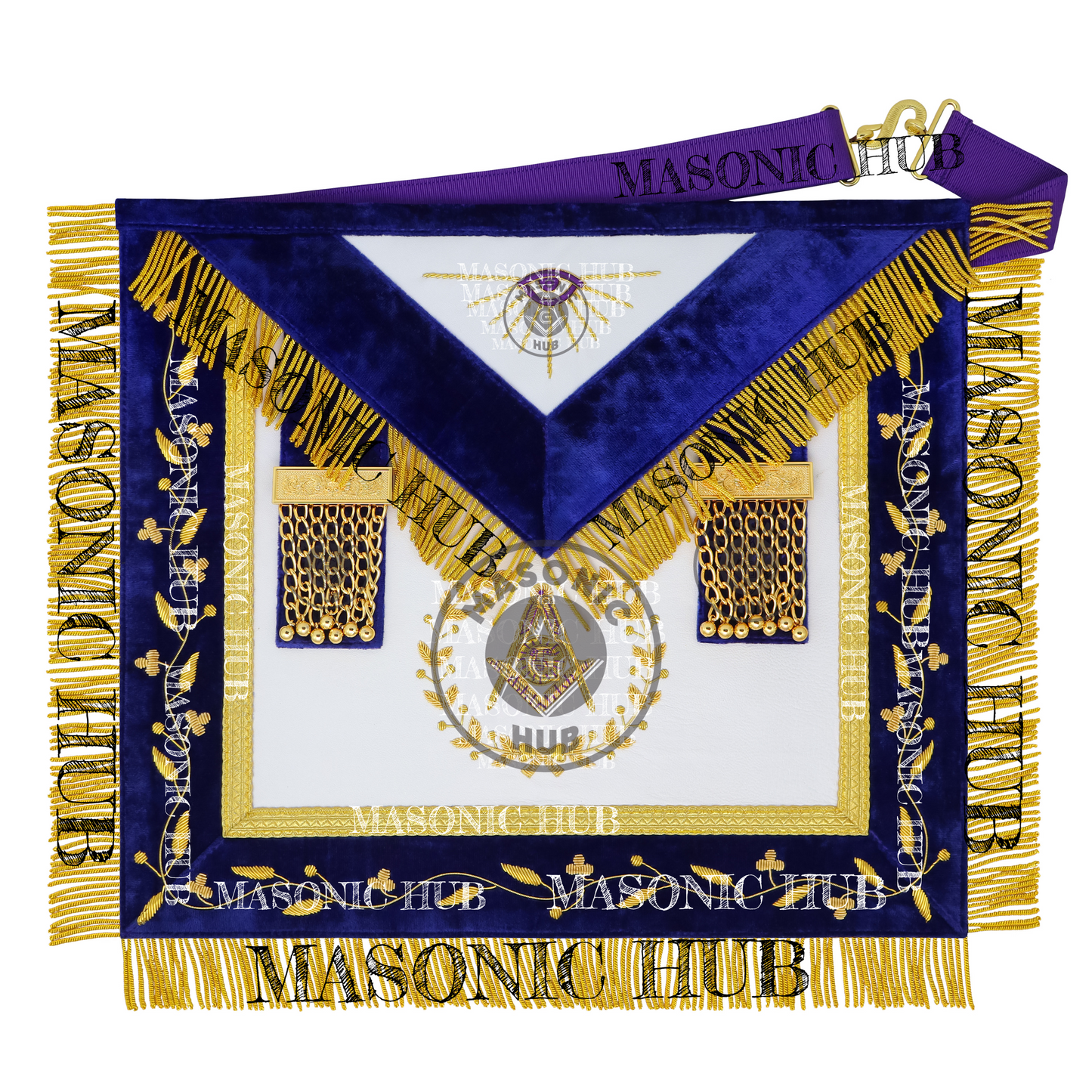 Grand Lodge Officer Aprons Set of 12 – Freemason Lambskin Regalia with Gold Bullion Hand Embroidery, Chain Collars, Jewels & Cuffs