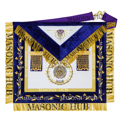 Grand Lodge Officer Aprons Set of 12 – Freemason Lambskin Regalia with Gold Bullion Hand Embroidery, Chain Collars, Jewels & Cuffs