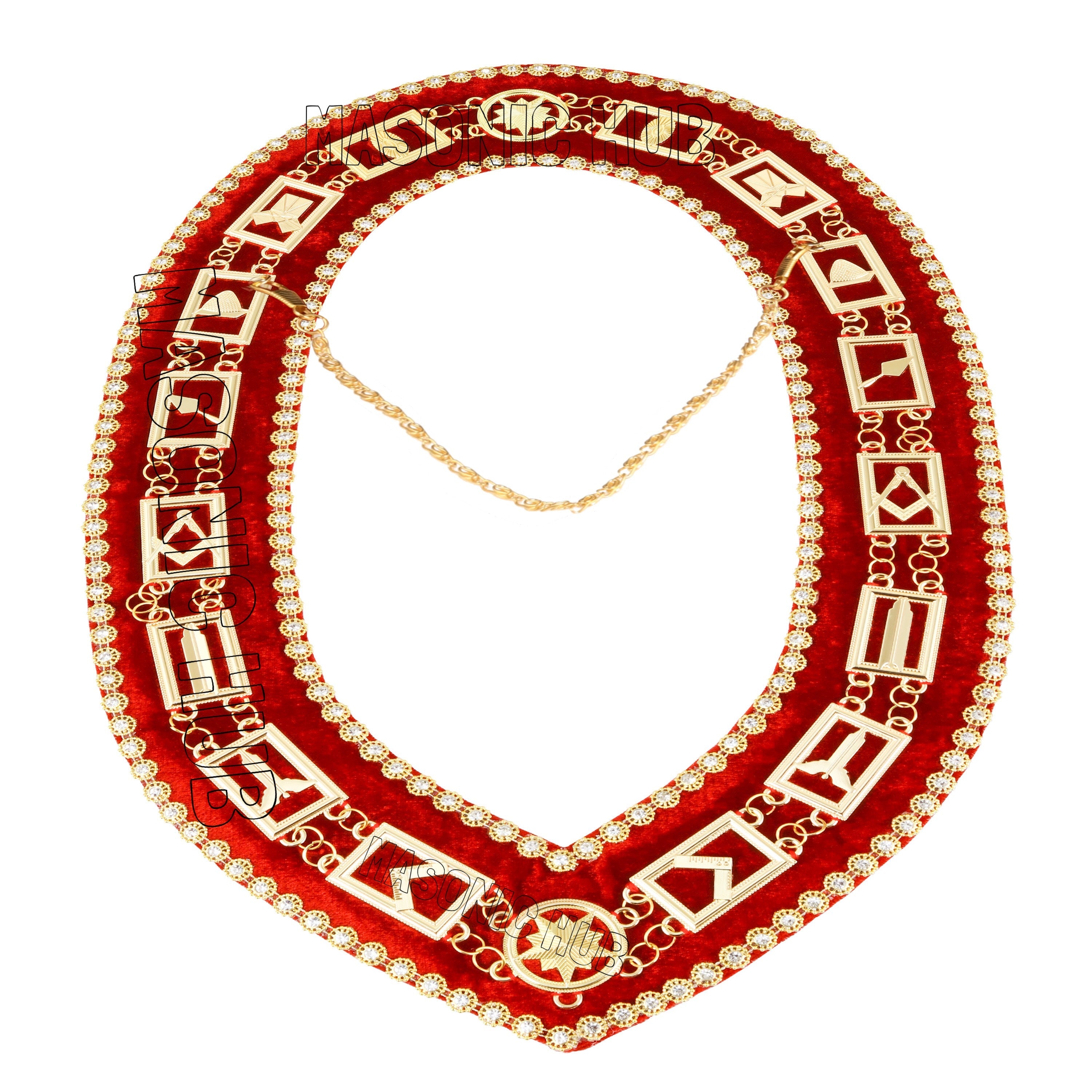 Masonic Blue Lodge Working Tools Masonic Chain Collar with Rhinestone Red Velvet Masonic Hub