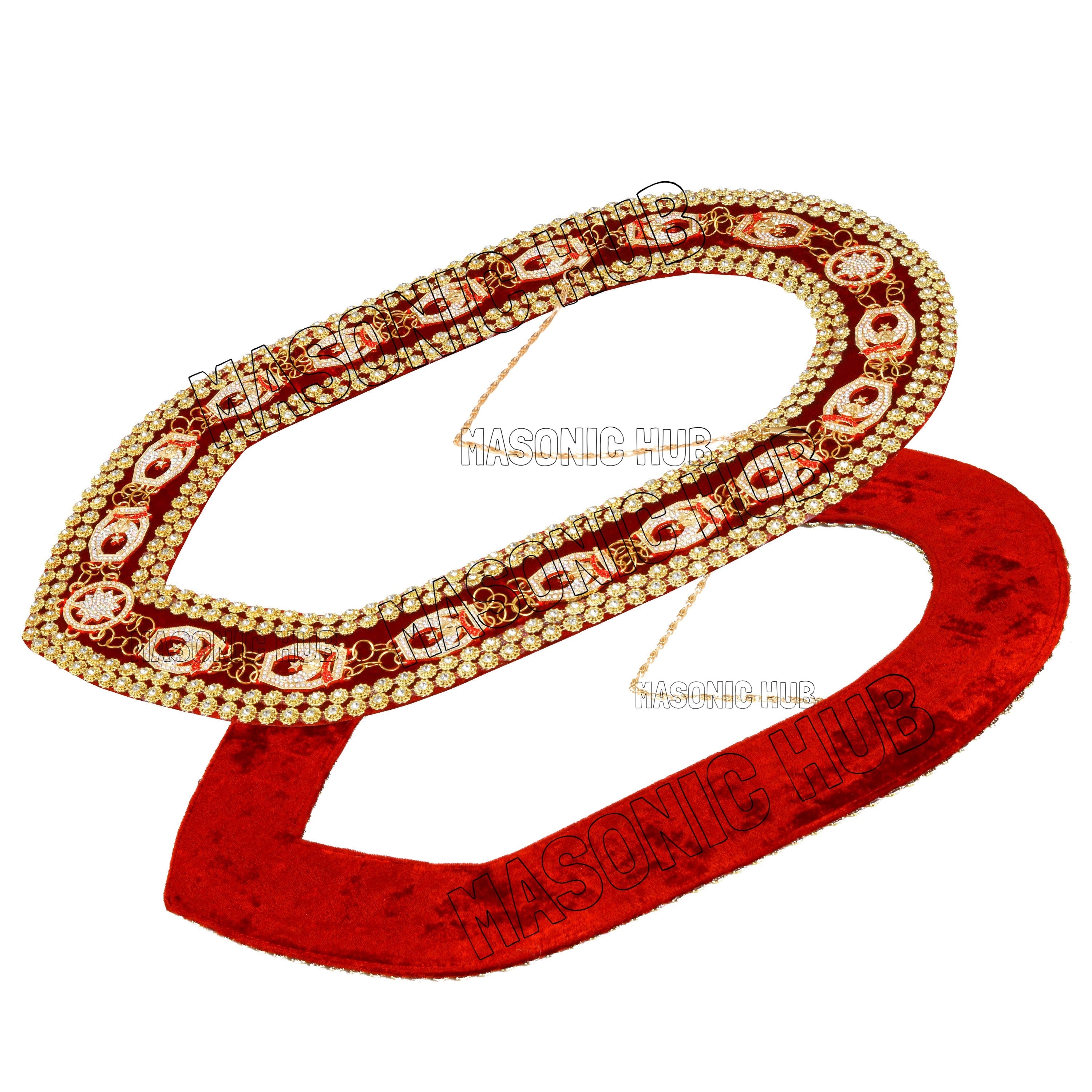 Masonic Regalia Shrine Golden Metal Rhinestones Jewels Chain Collar Red Backing Masonic Hub