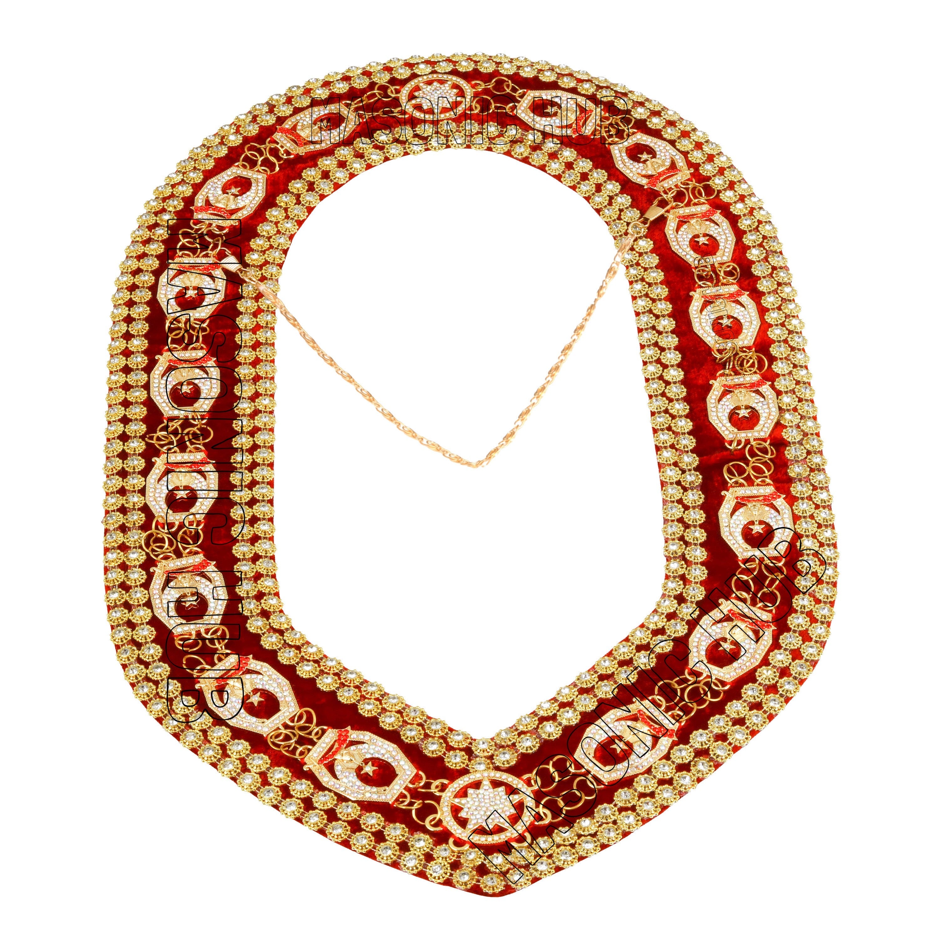 Masonic Regalia Shrine Golden Metal Rhinestones Jewels Chain Collar Red Backing Masonic Hub