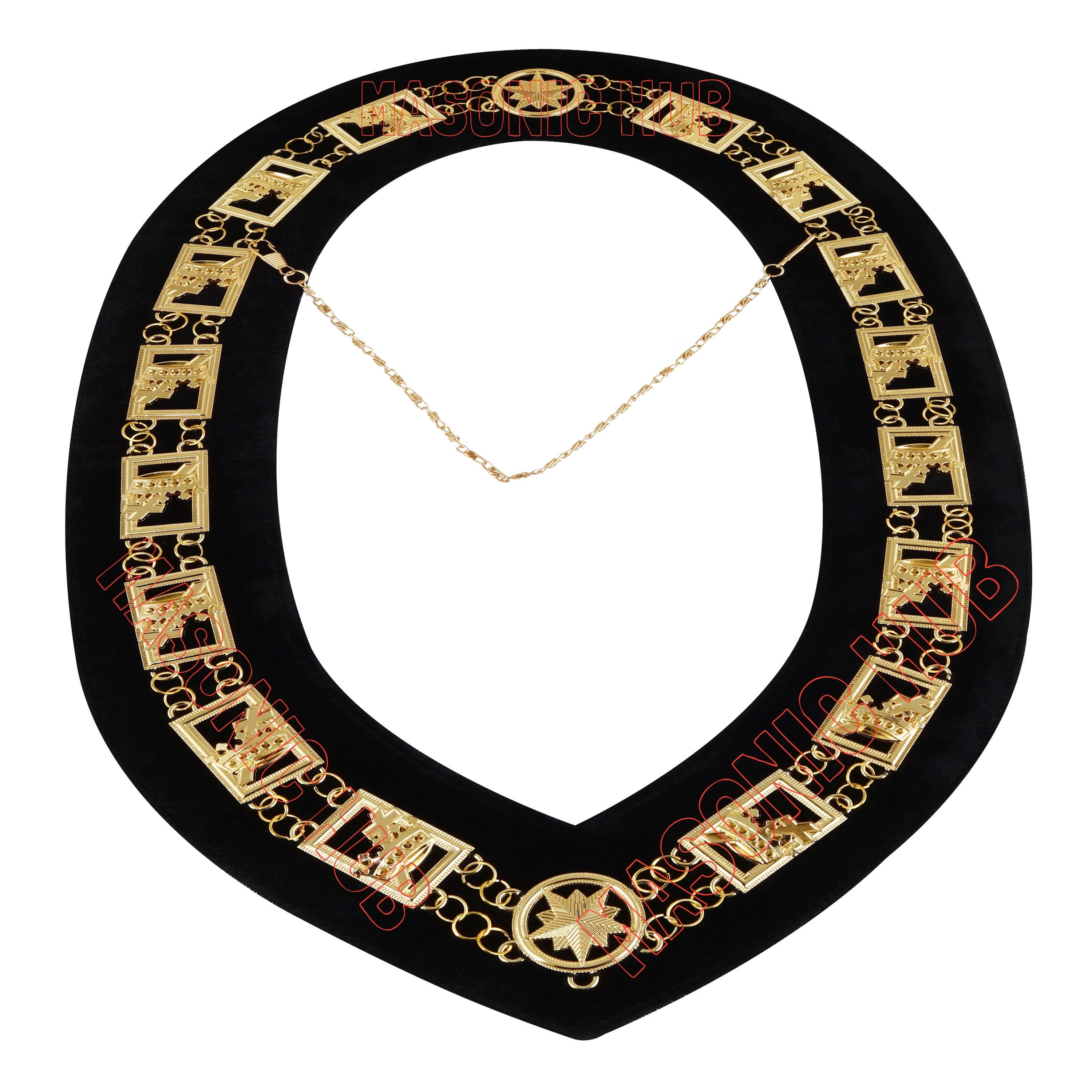 Knights Templar Masonic Regalia Metal Chain Collar with Black Velvet Gold Plated Masonic Hub
