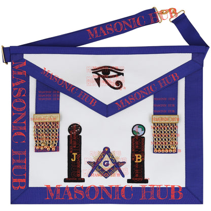 Masonic Master Mason Apron - with Compass & Square, Sunburst, Black Eye & Pillar