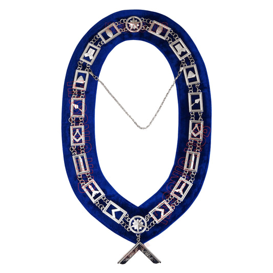 Blue Lodge Masonic Working Tools Chain Collar – Silver Plated with Blue Velvet Backing & Worshipful Master Jewel
