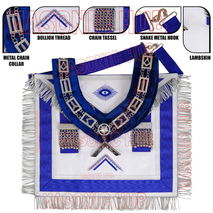 Masonic Worshipful Master Apron – 100% Lambskin with Chain Collar &amp; Free Jewel