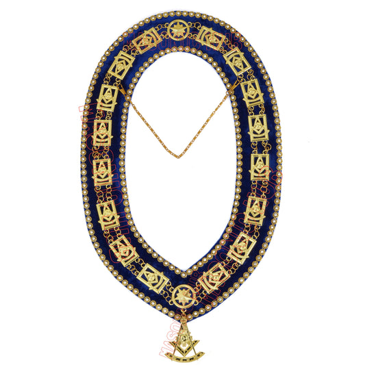 Masonic Past Master Metal Chain Collar Blue Backing With Rhinestones + Free Jewe