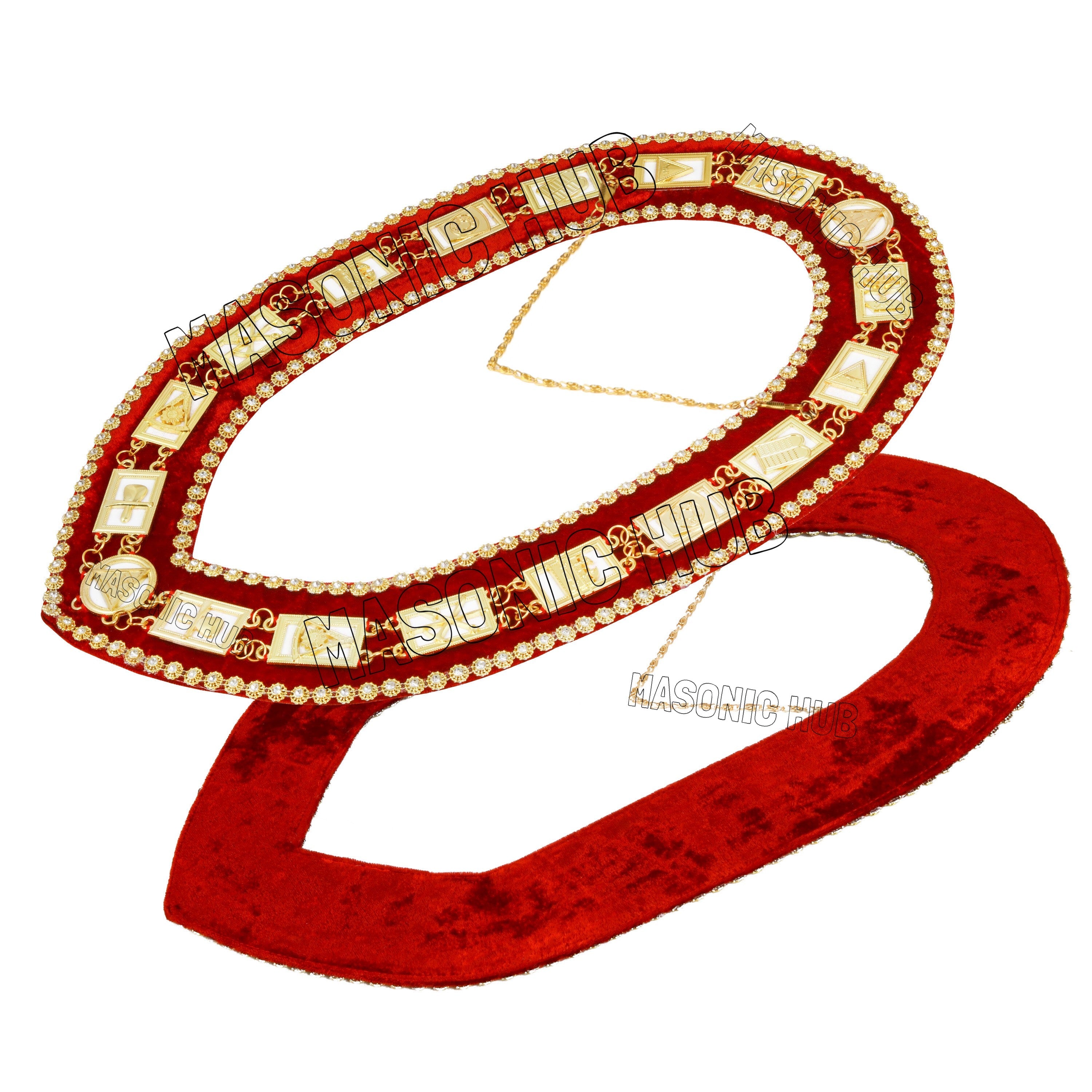 Masonic Royal Arch Past High Priest (PHP) Metal Chain Collar – Gold-Plated with Rhinestones & White Backing Masonic Hub