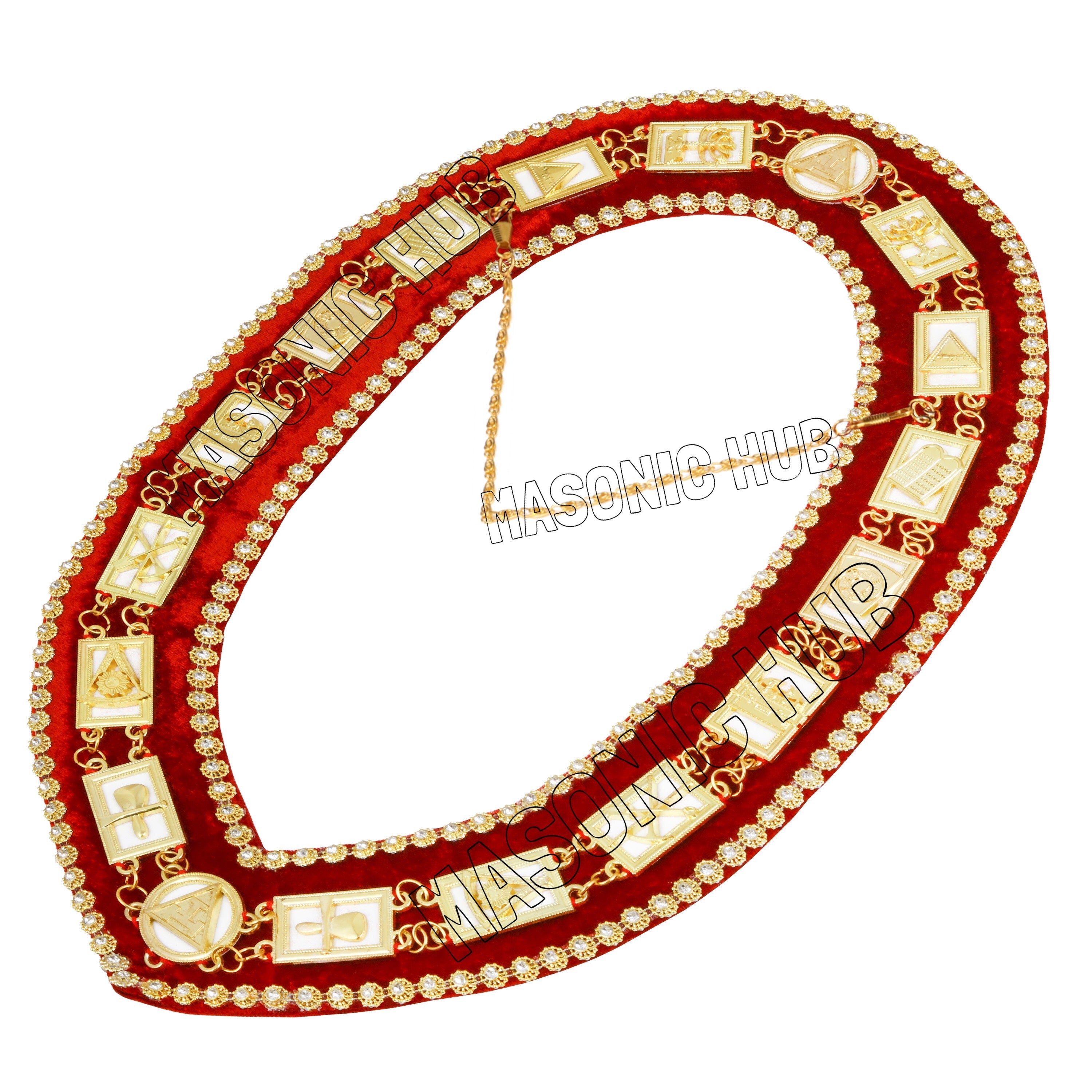 Masonic Royal Arch Past High Priest (PHP) Metal Chain Collar – Gold-Plated with Rhinestones & White Backing Masonic Hub