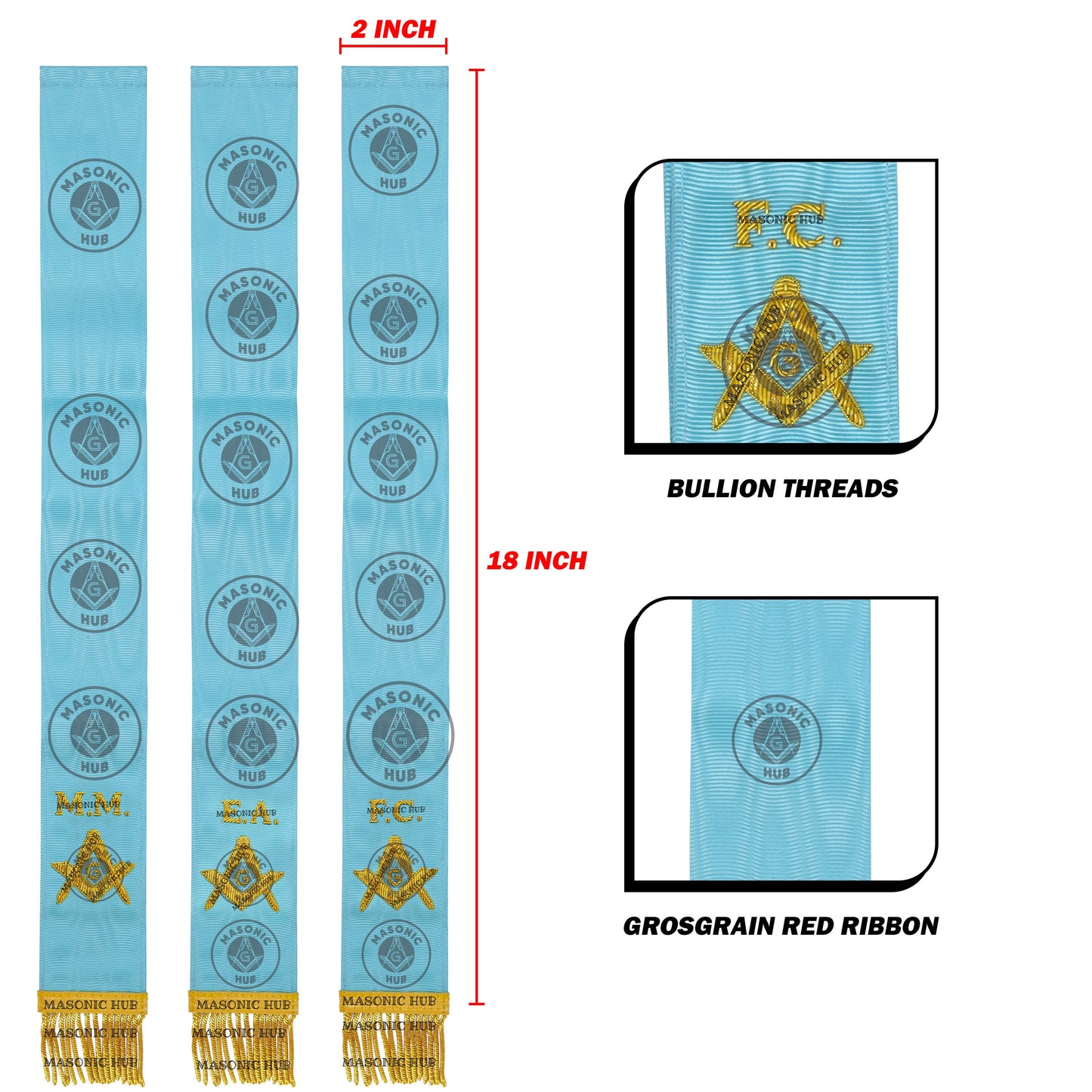Masonic Bible Markers Set of 3 – Hand Embroidered EA FC MM Light Blue Ribbon