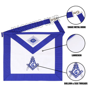 MASONIC MASTER MASON 100% LAMBSKIN APRON BLUE HAND EMBROIDERED SILVER BULLION Masonic Hub