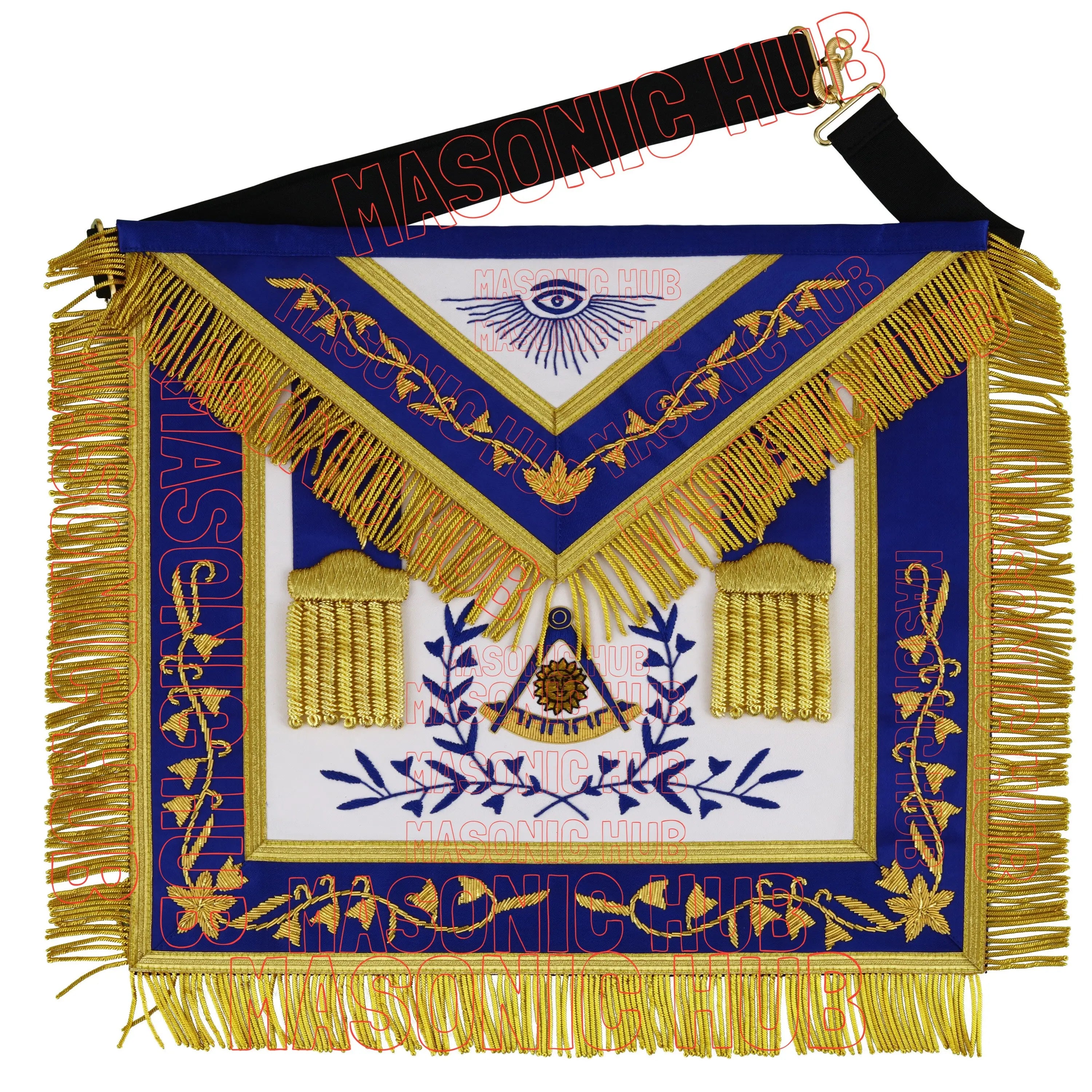 Masonic Past Master Hand-Embroidered 100% Lambskin Apron with Blue Silk Border &amp; Gold Bullion Fringe Masonic Hub