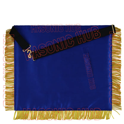 Masonic Past Master Hand-Embroidered 100% Lambskin Apron with Blue Silk Border &amp; Gold Bullion Fringe