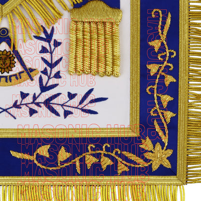 Masonic Past Master Hand-Embroidered 100% Lambskin Apron with Blue Silk Border &amp; Gold Bullion Fringe