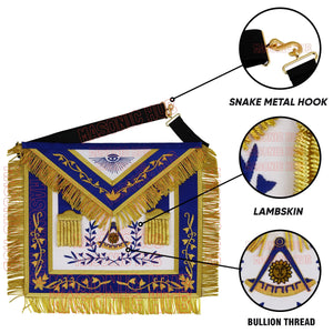 Masonic Past Master Hand-Embroidered 100% Lambskin Apron with Blue Silk Border &amp; Gold Bullion Fringe Masonic Hub