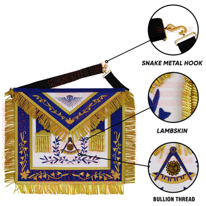 Masonic Past Master Hand-Embroidered 100% Lambskin Apron with Blue Silk Border &amp; Gold Bullion Fringe