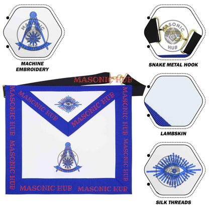 Past Master Masonic Apron Compass & Quadrant with Sun Emblem Machine Embroidery