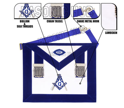 Masonic Master Mason 100% Lambskin Apron – Blue Velvet with Silver Bullion Embroidery