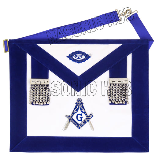 Masonic Master Mason 100% Lambskin Apron – Blue Velvet with Silver Bullion Embroidery