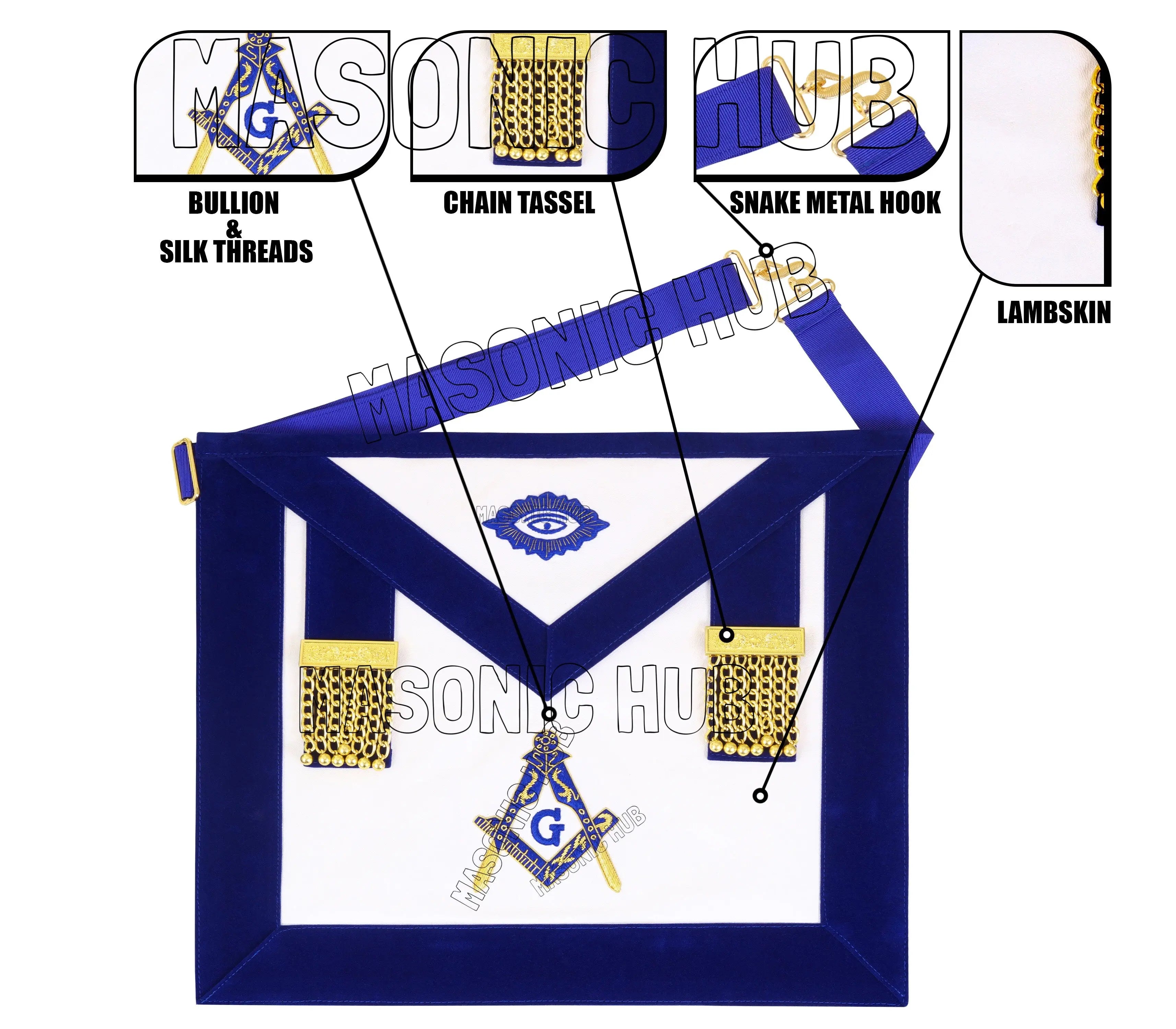 Masonic Master Mason 100% Lambskin Apron – Blue Velvet with Gold Bullion Embroidery Masonic Hub