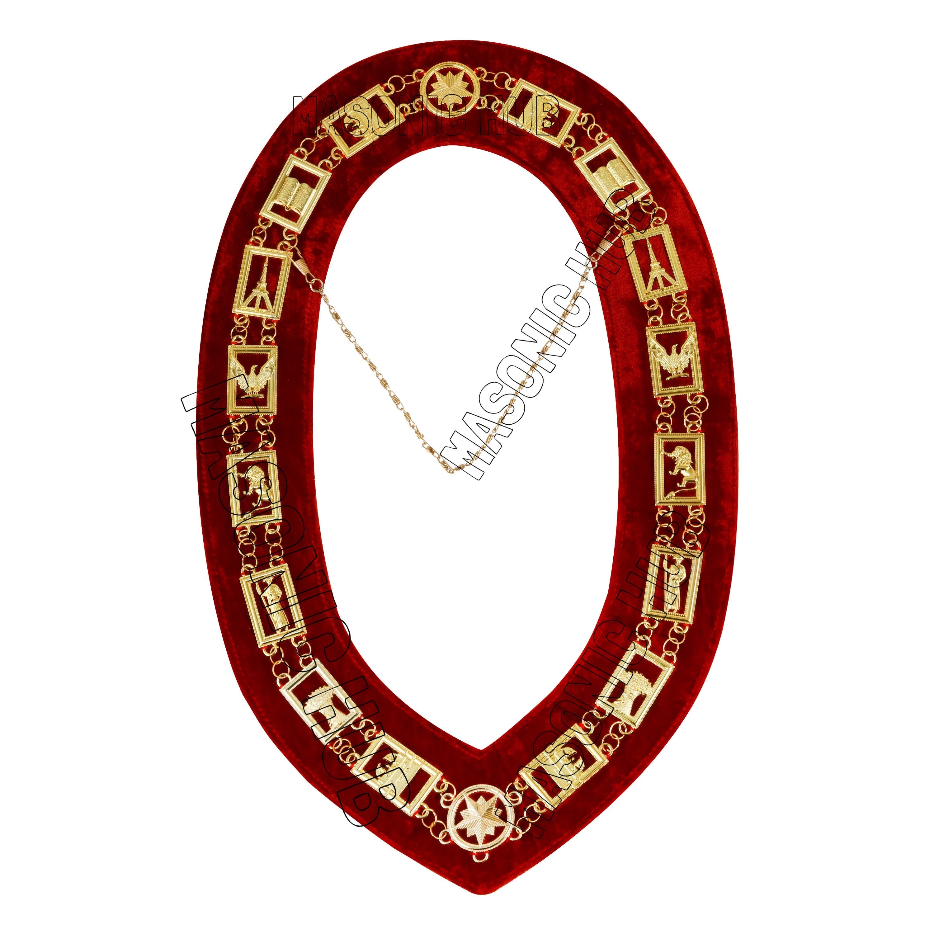 Masonic Heroines of Jericho Women's Chain Collar, HOJ COLLAR Red Backing - GOLD Masonic Hub