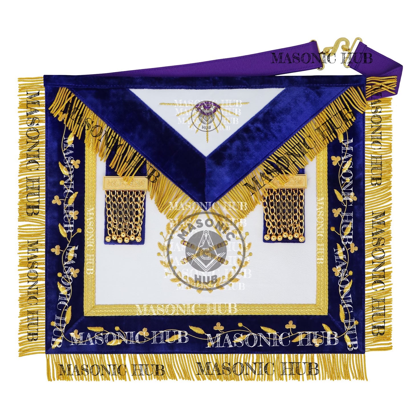 Grand Lodge Officer Aprons Set of 12 – Freemason Lambskin Regalia with Gold Bullion Hand Embroidery, Chain Collars, Jewels & Cuffs