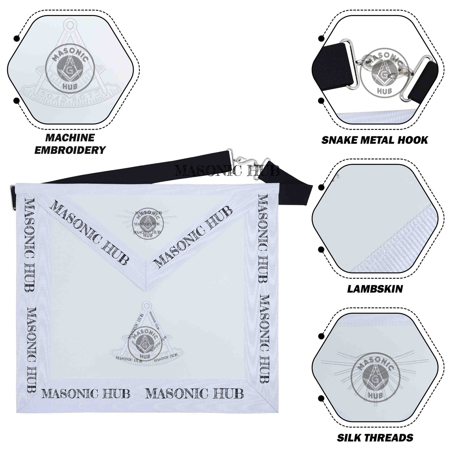 New Freemason Past Master Apron All White with Sun Emblem Machine Embroidery