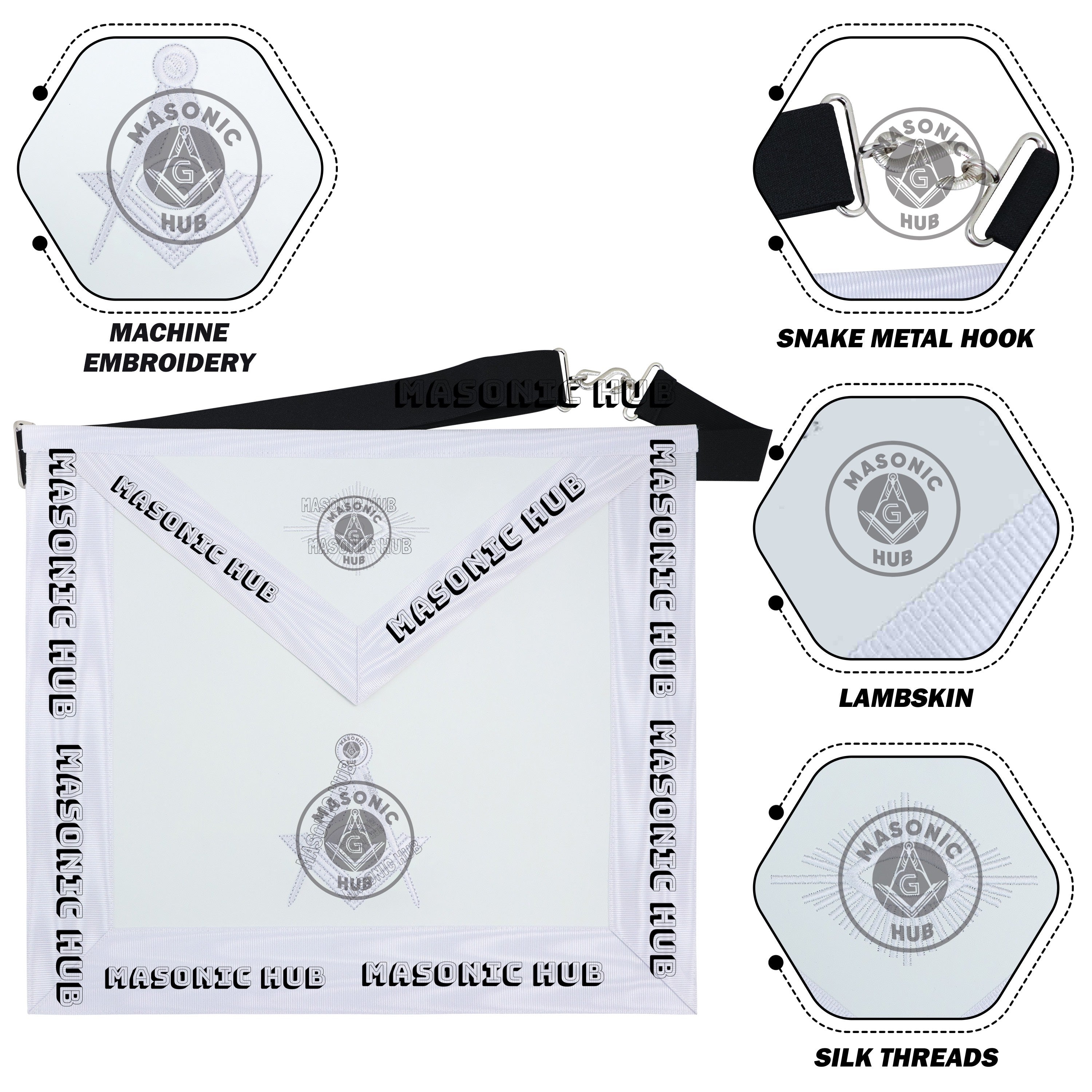 Master Mason Masonic Dress Apron – All White Machine Embroidery All-Seeing Eye Masonic Hub