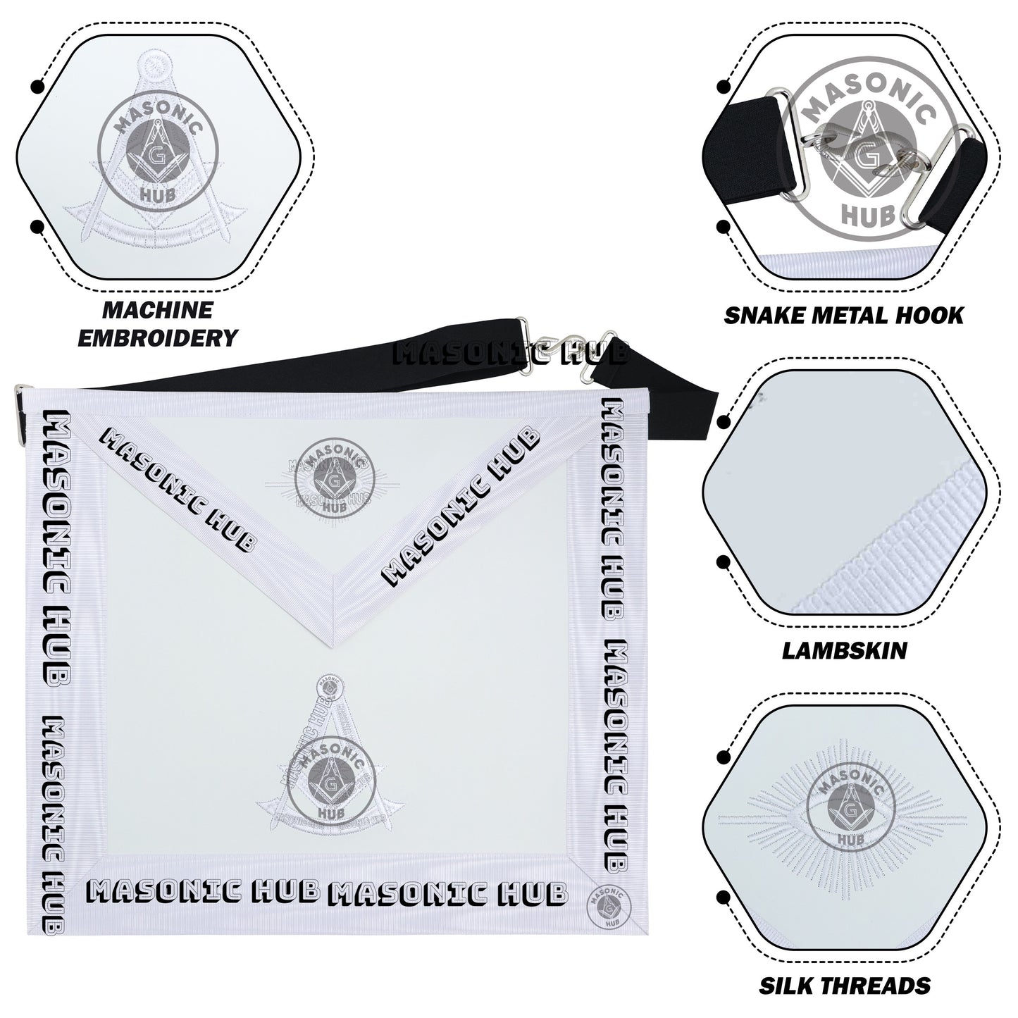 Masonic Past Master Apron – Freemason All White Regalia with Machine Embroidery