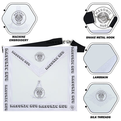 Masonic Past Master Apron – Freemason All White Regalia with Machine Embroidery