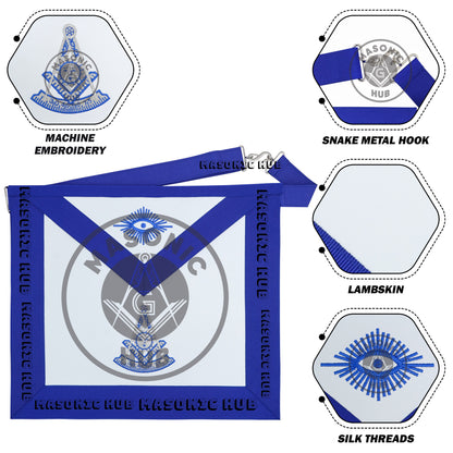 Masonic Past Master Dress Apron with Square Metallic Silver Machine Embroidered