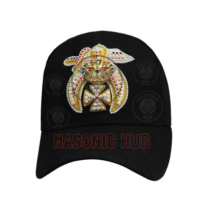Masonic Shriner Black Cap – Handcrafted with Lotus Emblem, Rhinestones & Bullion