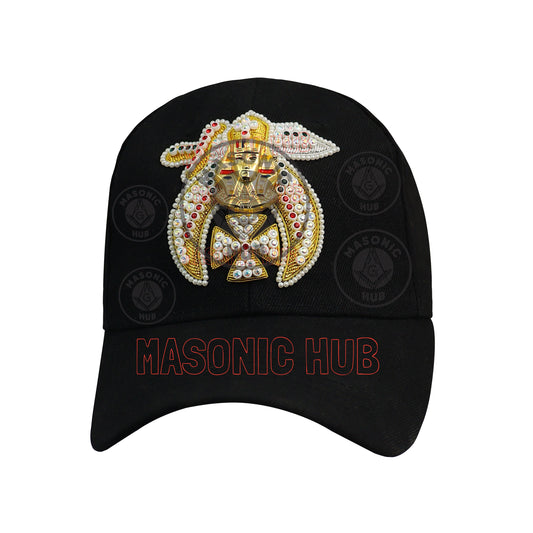 Masonic Shriner Black Cap – Handcrafted with Lotus Emblem, Rhinestones & Bullion