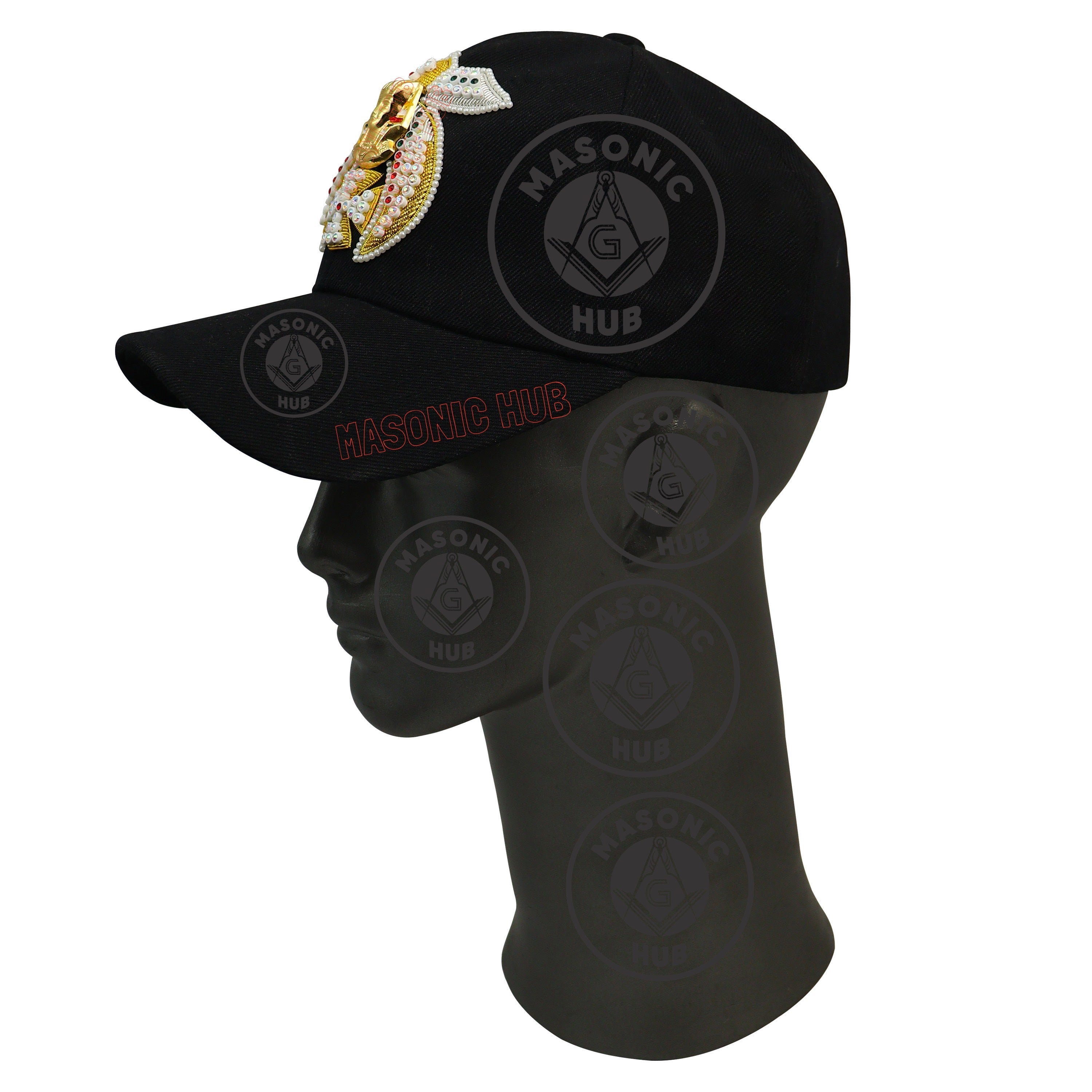 Masonic Shriner Black Cap – Handcrafted with Lotus Emblem, Rhinestones & Bullion My Store