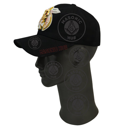 Masonic Shriner Black Cap – Handcrafted with Lotus Emblem, Rhinestones & Bullion