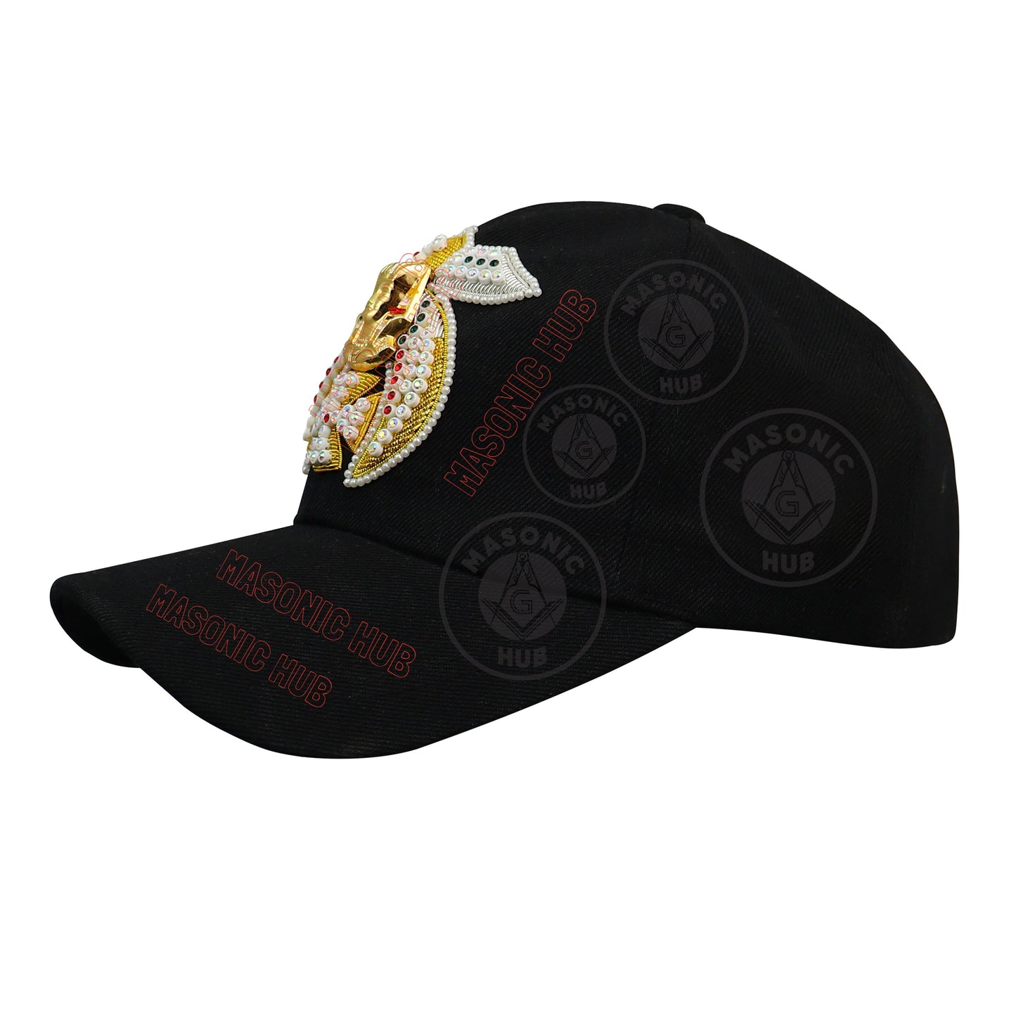 Masonic Shriner Black Cap – Handcrafted with Lotus Emblem, Rhinestones & Bullion
